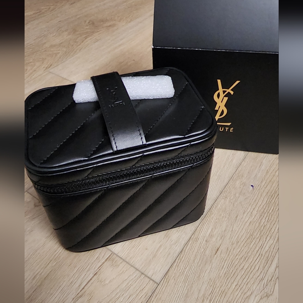 YSL Yves Saint Laurent Black Mini Quilted Leather Makeup Case Vanity Bag Mirror